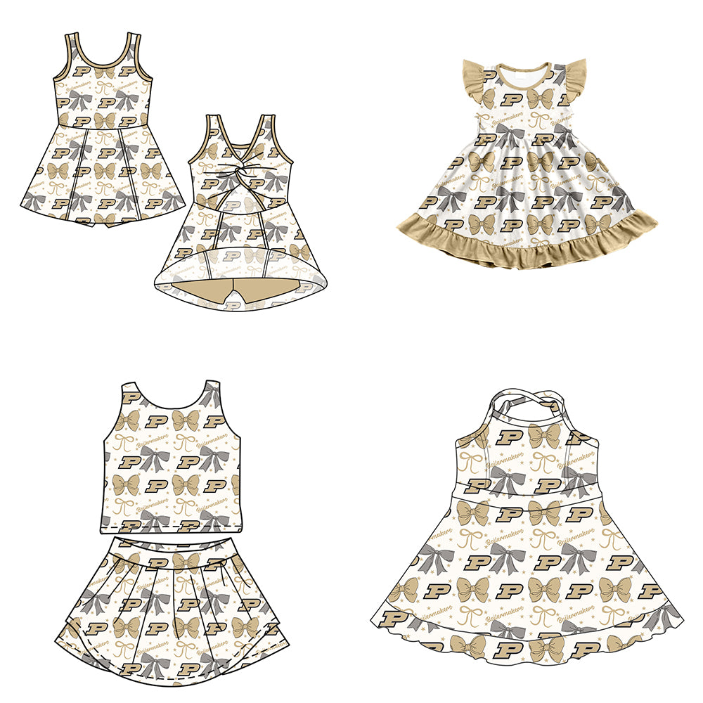 Custom moq 5 mix size milk silk summer teams baby girls clothes team bow khaki sleeveless skirts sets and dress 1 and dress 2 and dress 3-25.6.27