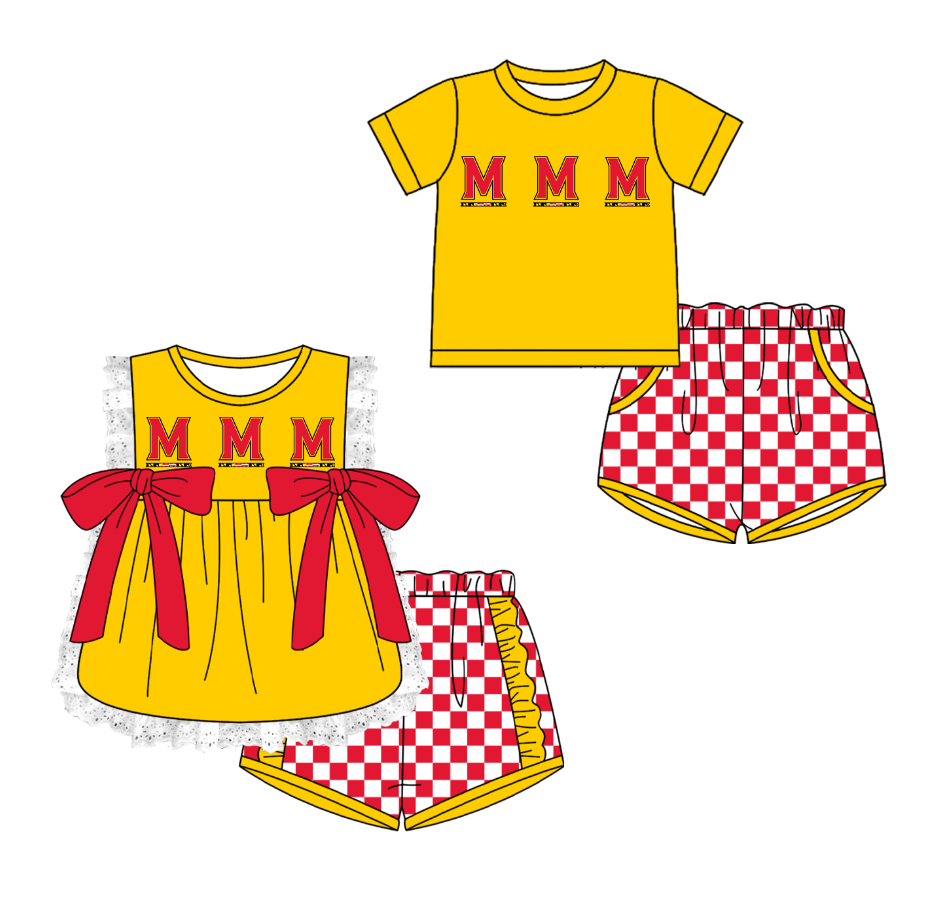 Custom moq 5 mix size milk silk summer teams Yellow Girl Sleeveless Top And Plaid Shorts Set with Bow Boy Short Sleeved Top And Plaid Shorts Set