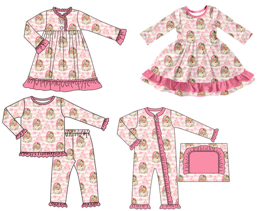 25.7.7 custom each style moq 5 eta 4-6week Sibling Sisters Christmas pink baby girl long sleeve pants sets and romper and dress 1 and dress 2 match family design