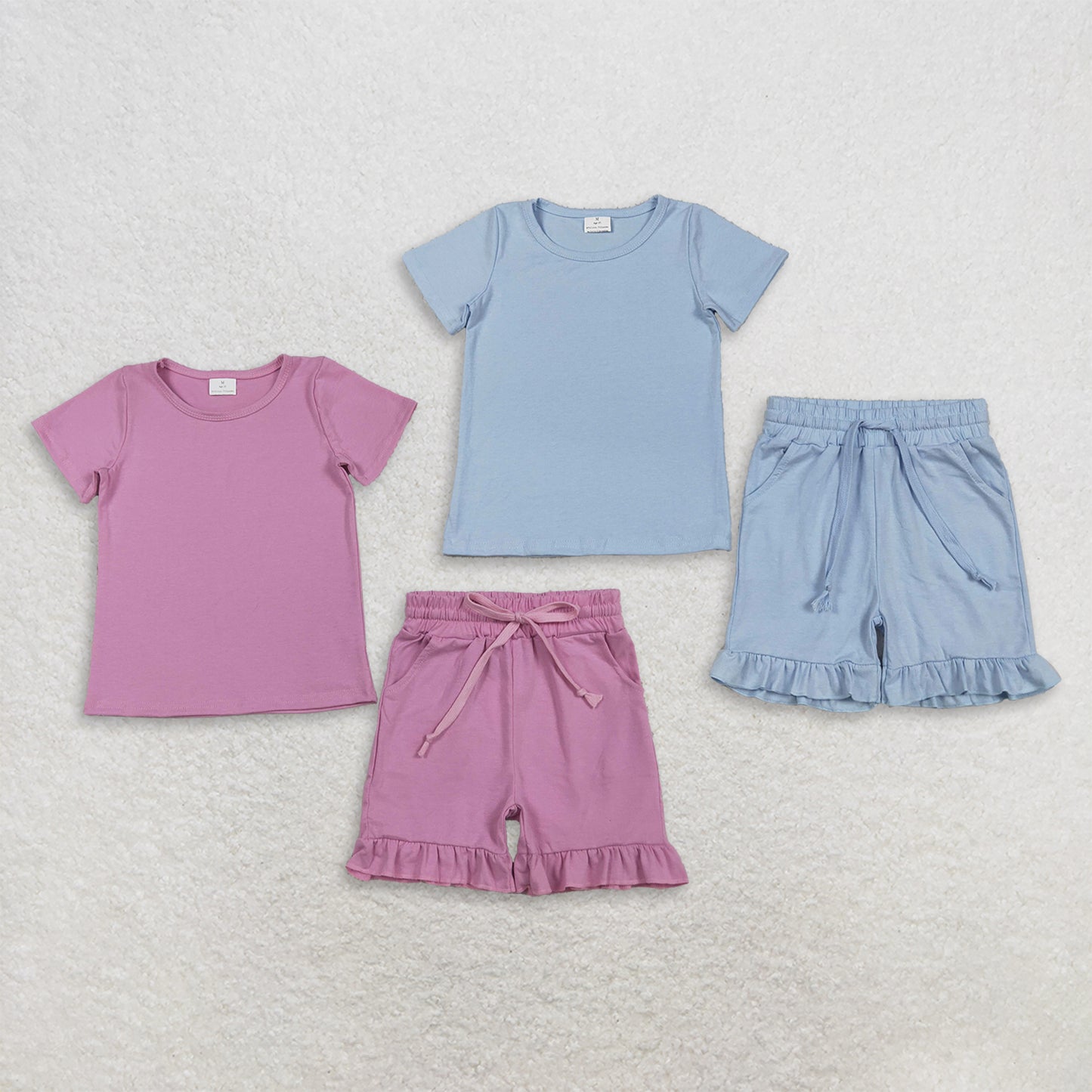 RTS NO MOQ Sibling cotton Baby Girls Short Sleeve Top With Pockets And Ruffle Shorts Set