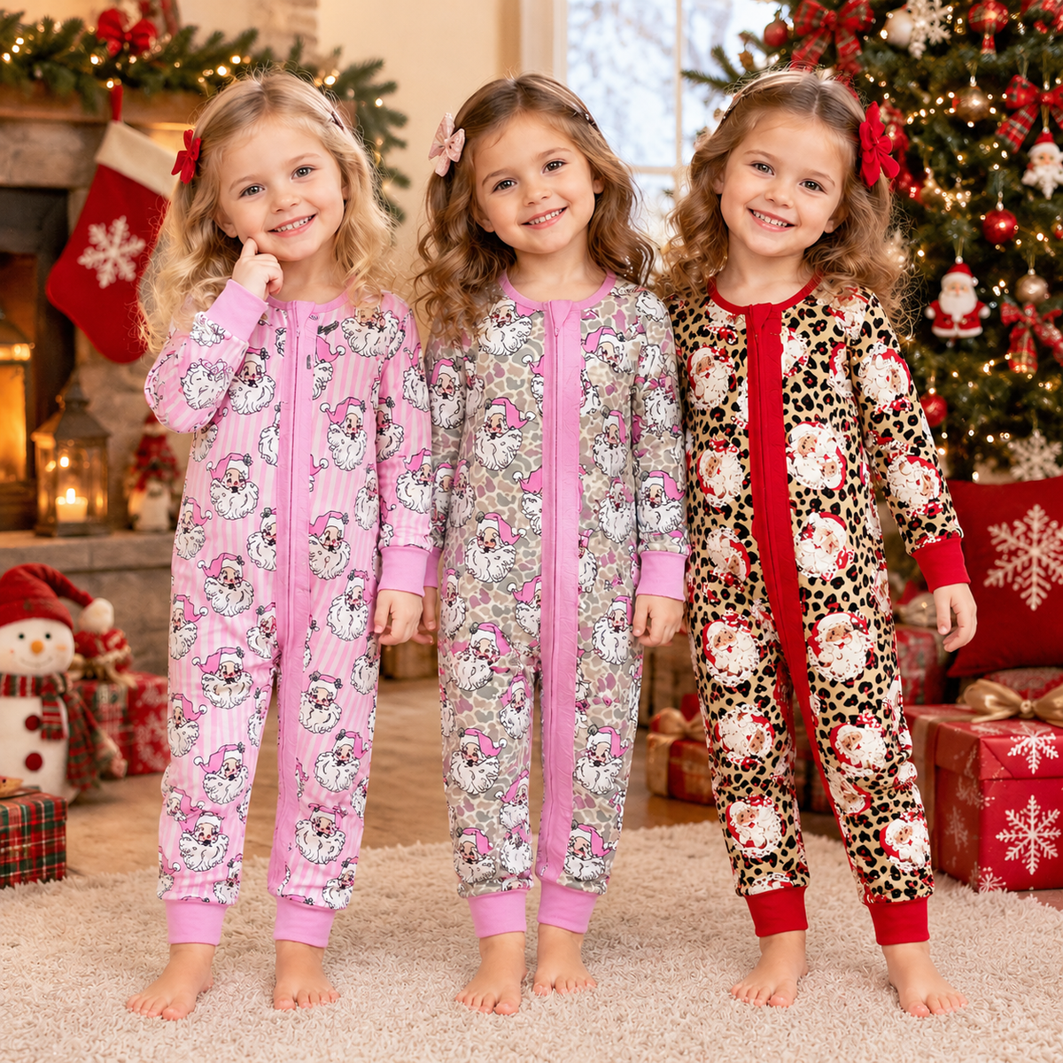 RTS NO MOQ Sibling milk silk Baby Girls Santa Print Two Way Zip Long Sleeve Ruffle Cuff Romper