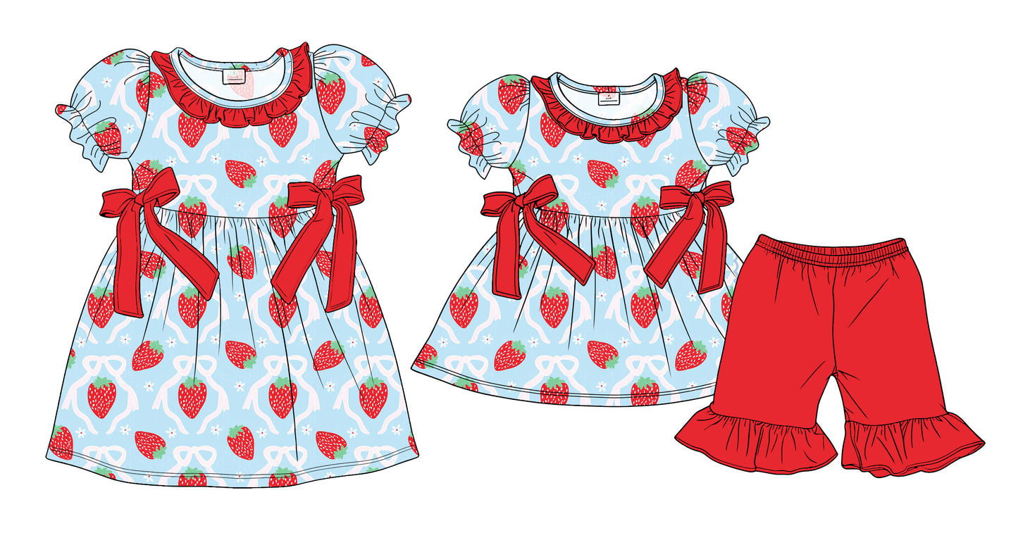 3.27  Custom moq 5 mix size Sibling Baby Girl's Short-Sleeved Top with Bow And Red Short Set Cute Short-Sleeved Dress for Summer