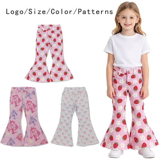 RTS NO MOQ Sibling Denim Baby Girls Pink Strawberry Horse And Bow Print Bell Bottom Flare Pants