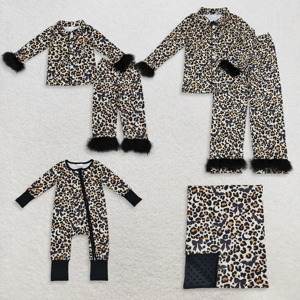RTS NO MOQ Sibling milk silk Adult To Match Kids Leopard Bow Bat Print Fur Cuff Button Shirt Pants Set Zipper Romper And Minky Blanket