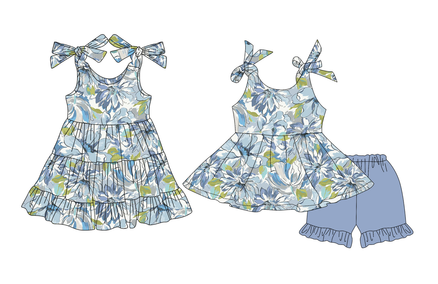 25.5.24 custom each style moq 5eta 4-6week Sibling Sister floral baby girl short sleeve shorts sets and dresses match design