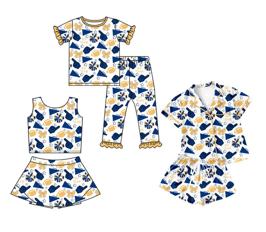25.9.26 custom each style moq 8 eta 6-8week Sibling Sisters team bow blue baby girl short sleeve pants set and shorts sets and skirts sets match family design