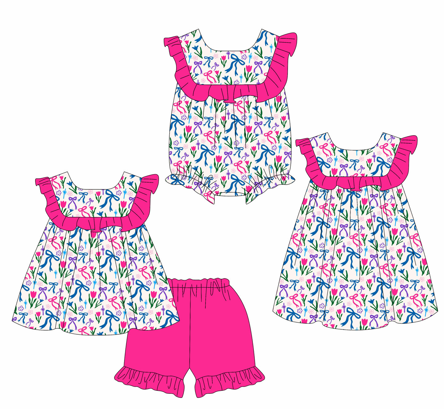 25.10.27 custom each style moq 5 eta 6-8week Sibling Sister bow floral baby short sleeve shorts sets and romper and dress match design