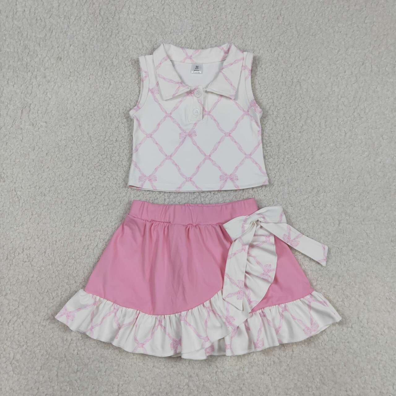 RTS NO MOQ GSD3479 Baby Girls Pink Checked Button Top Ruffle Skirt And Shorts Set with Bows Yoga Clothes for Kids