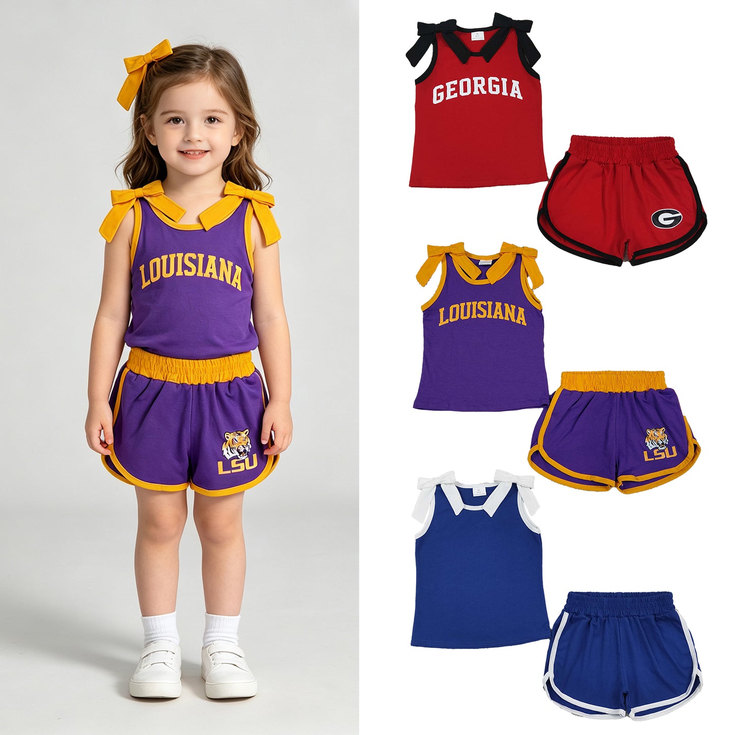RTS NO MOQ Sibling milk silk Baby Girls Bow Sleeveless Top Matching Shorts Clothes Set