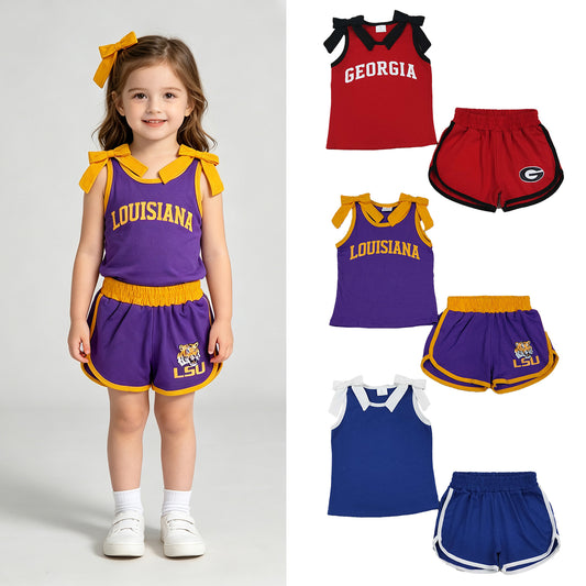 RTS NO MOQ Sibling milk silk Baby Girls Bow Sleeveless Top Matching Shorts Clothes Set