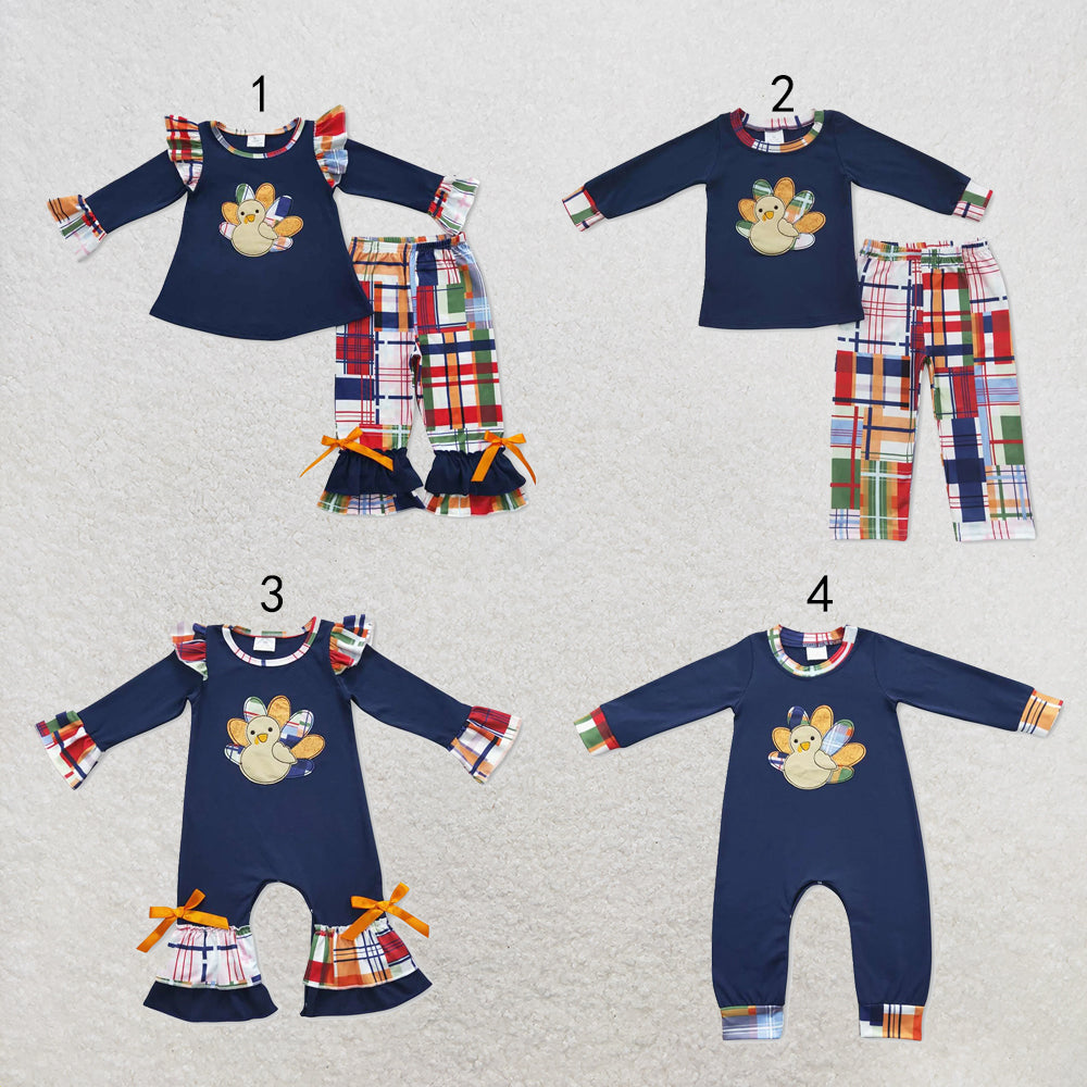 RTS NO MOQ Sibling milk silk Embroidery Baby Boys Girls Thanksgiving Turkey Patchwork Long Sleeve Top Pants Casual Sets Rompers