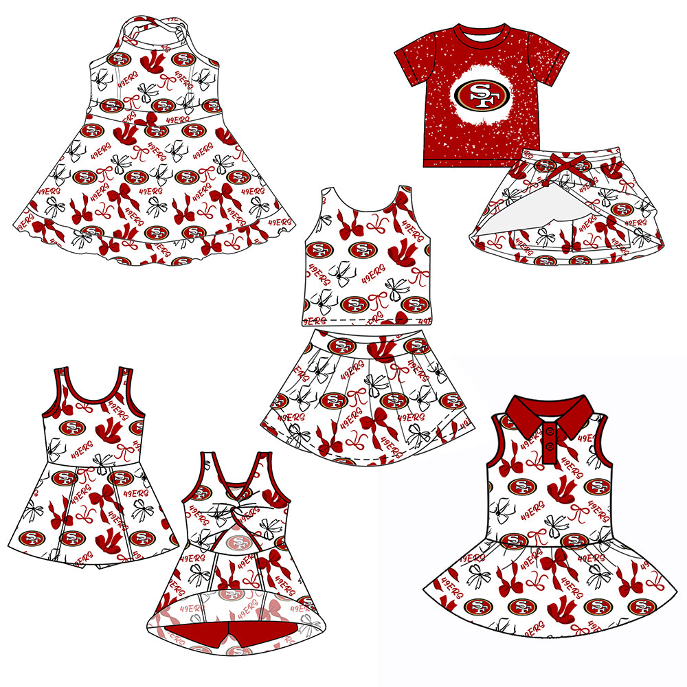 Custom moq 5 mix sizes summer teams baby girls clothes team red short sleeve skirts shorts sets 1 and skirts sets 2 and dress 1 and dress 2 and dress 3 and dress 4-25.6.5