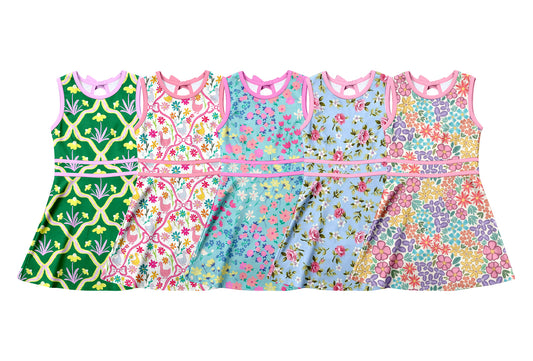 4.6  Custom moq 5 mix size Sibling Baby Girl's Colorful Flowers  Sleeveless Yoga Active Short Knee Length Dress