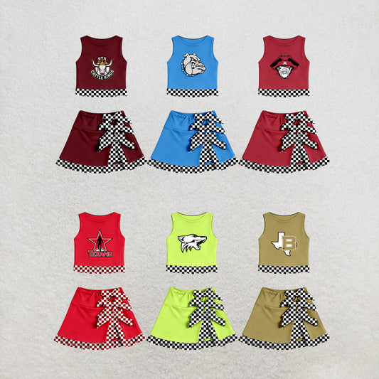 custom moq 5 mix size MSD070804 Baby Girls Summer Vest Checked Bow Scallop Edge Skort Yoga Active Casual  Clothes Set