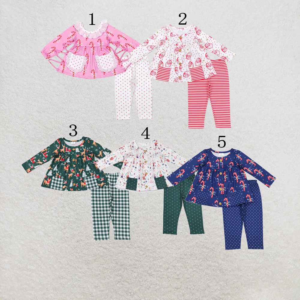 RTS Sibling Baby Girls Santa Candy Cane Trees Pockets Button Tunic Pants Christmas Clothes Sets