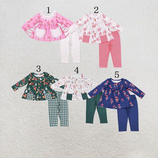 RTS Sibling Baby Girls Santa Candy Cane Trees Pockets Button Tunic Pants Christmas Clothes Sets