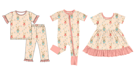 25.10.9 custom each style moq 8 eta 6-8week Sibling Sisters bunny baby girl short sleeve pants sets and dress and rompers match family design