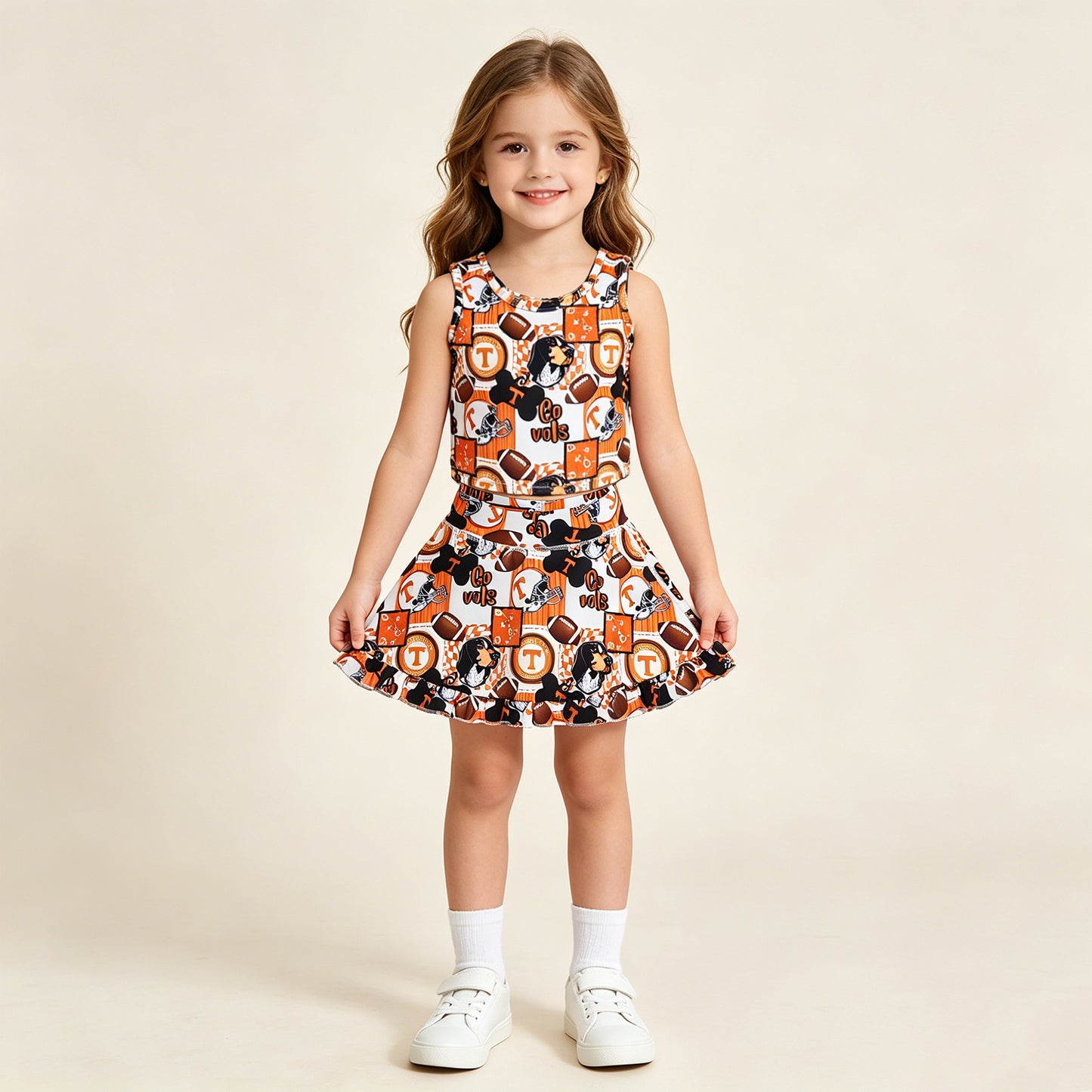 RTS NO MOQ yoga fabric GSD3613 Baby Girls Team Yoga Football Go Vols Vest And Ruffle Skirt