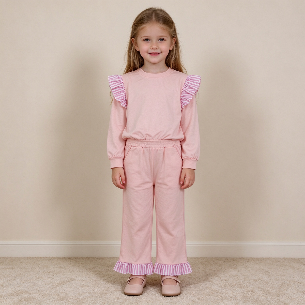 NEW RTS NO MOQ milk silk GLP3702（GT1849+P1151）Baby Girls Long Sleeve Light Pink Top Pockets Ruffle Pant Set