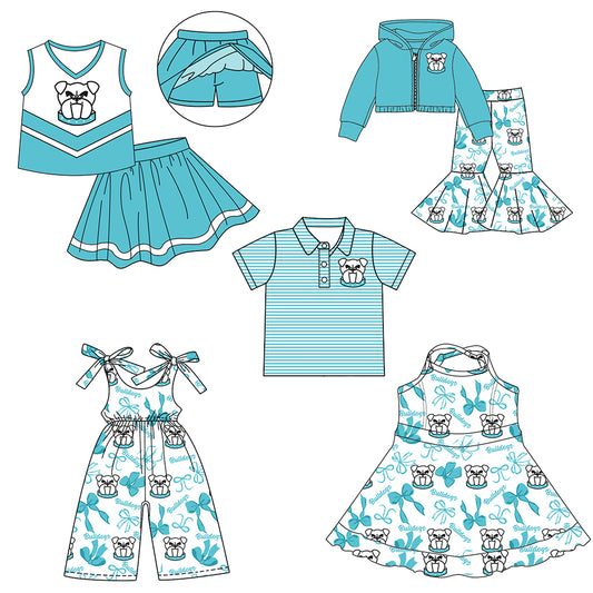 Custom moq 5 mix size milk silk summer teams baby girls clothes bow blue and green hooded long sleeve pants sets and skirts sets and dress and jumpsuit and top-25.7.31