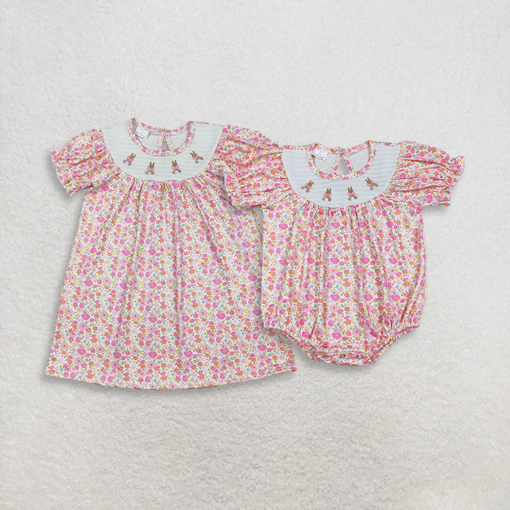 RTS NO MOQ Sibling Baby Girls Pink Flowers Smocked Bows Rabbits Easter Knee Length Dress Rompers