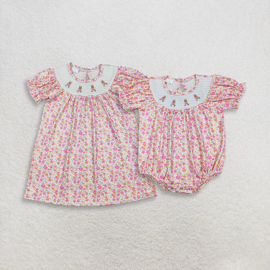 RTS NO MOQ Sibling Baby Girls Pink Flowers Smocked Bows Rabbits Easter Knee Length Dress Rompers
