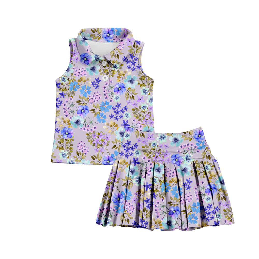 7.2 custom each style moq 5eta 4-6week blue floral baby girls clothes Yoga Wear girls sets and sleeveless dress