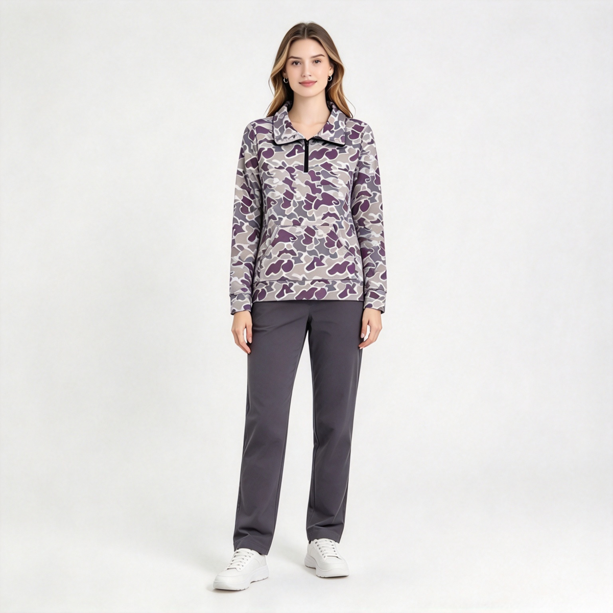 RTS NO MOQ Sibling milk silk Adult Women Duck Camo Quarter Zip Pullover Collared Long Sleeve Shirt