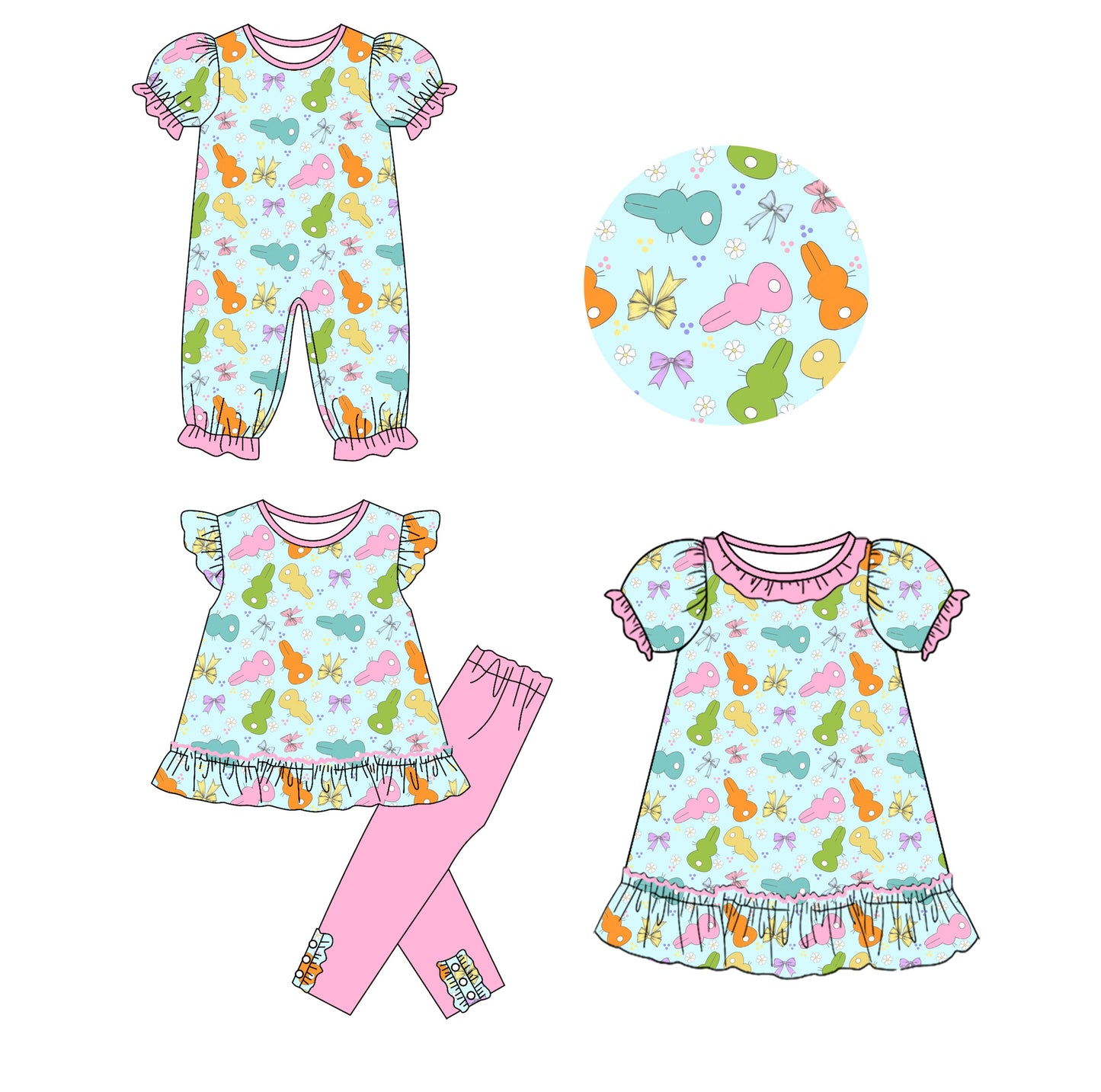 25.9.25 custom each style moq 8 eta 6-8week Sibling Sisters bunny bow baby girl short sleeve pants sets and dress and rompers match family design