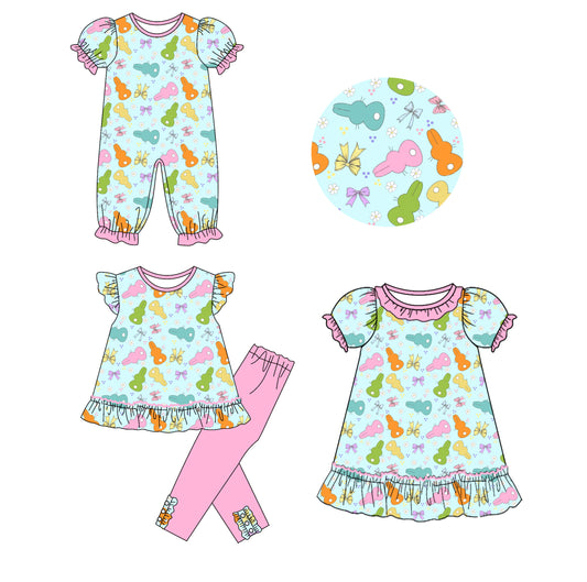 25.9.25 custom each style moq 8 eta 6-8week Sibling Sisters bunny bow baby girl short sleeve pants sets and dress and rompers match family design