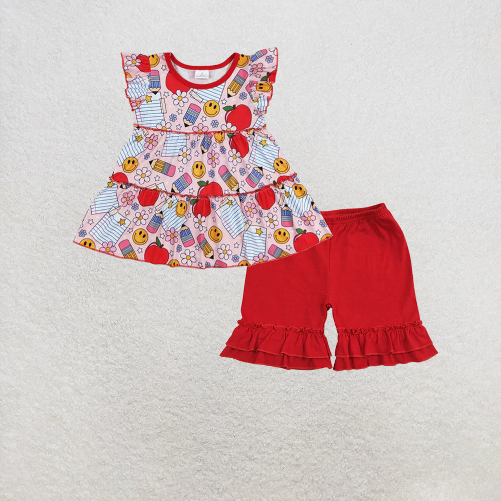 RTS NO MOQ GT0575S+SS0184 Baby Girls Back To School Apples Flowers Flutter Sleeve Tunic Tops Set