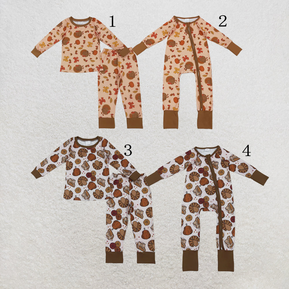 RTS NO MOQ Sibling milk silk Sibling Baby Girls Turkey Pumpkins Top Pant Thanksgiving Pajamas Sets Zip Rompers
