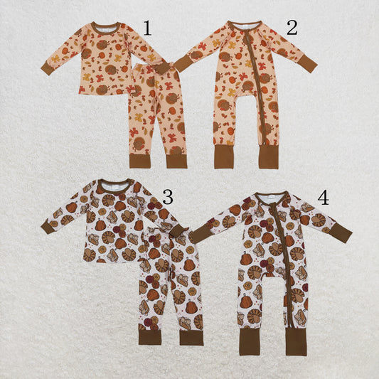 RTS NO MOQ Sibling milk silk Sibling Baby Girls Turkey Pumpkins Top Pant Thanksgiving Pajamas Sets Zip Rompers