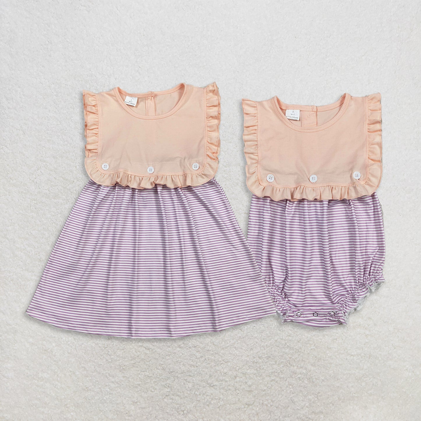 RTS NO MOQ Sibling Baby Girls Peach Lavender Stripe Sleeveless Button Dress Back Button Ruffle Rompers
