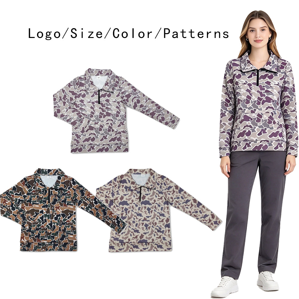 RTS NO MOQ Sibling milk silk Adult Women Duck Camo Quarter Zip Pullover Collared Long Sleeve Shirt