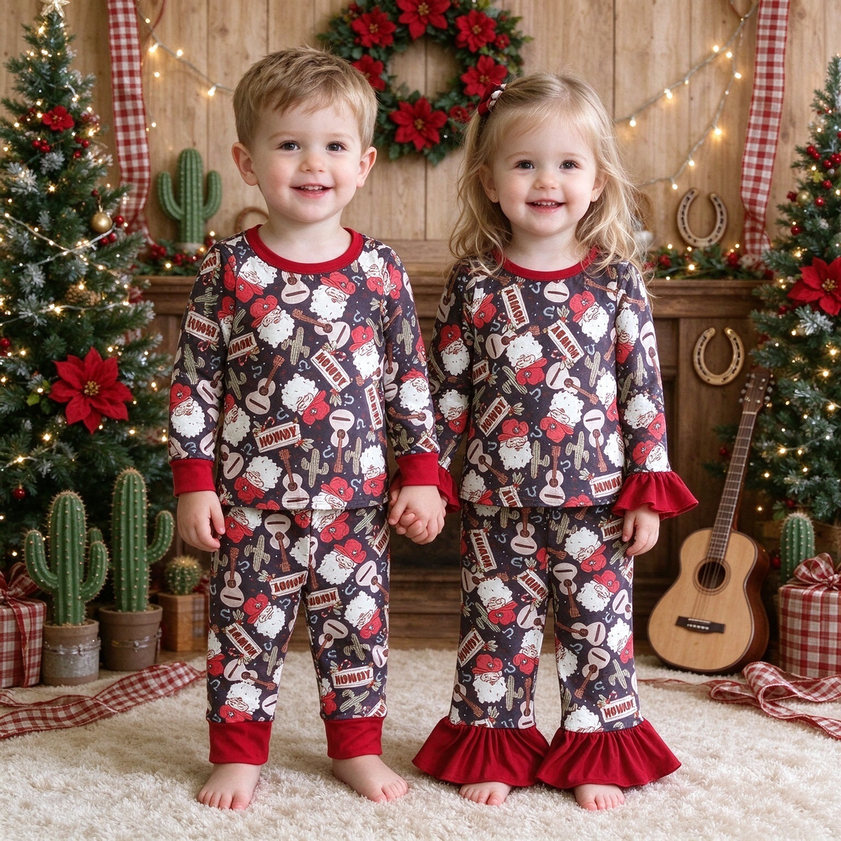 Howdy Santa Christmas Pajamas Set, Matching Boys Girls Santa Howdy Holiday Sleepwear