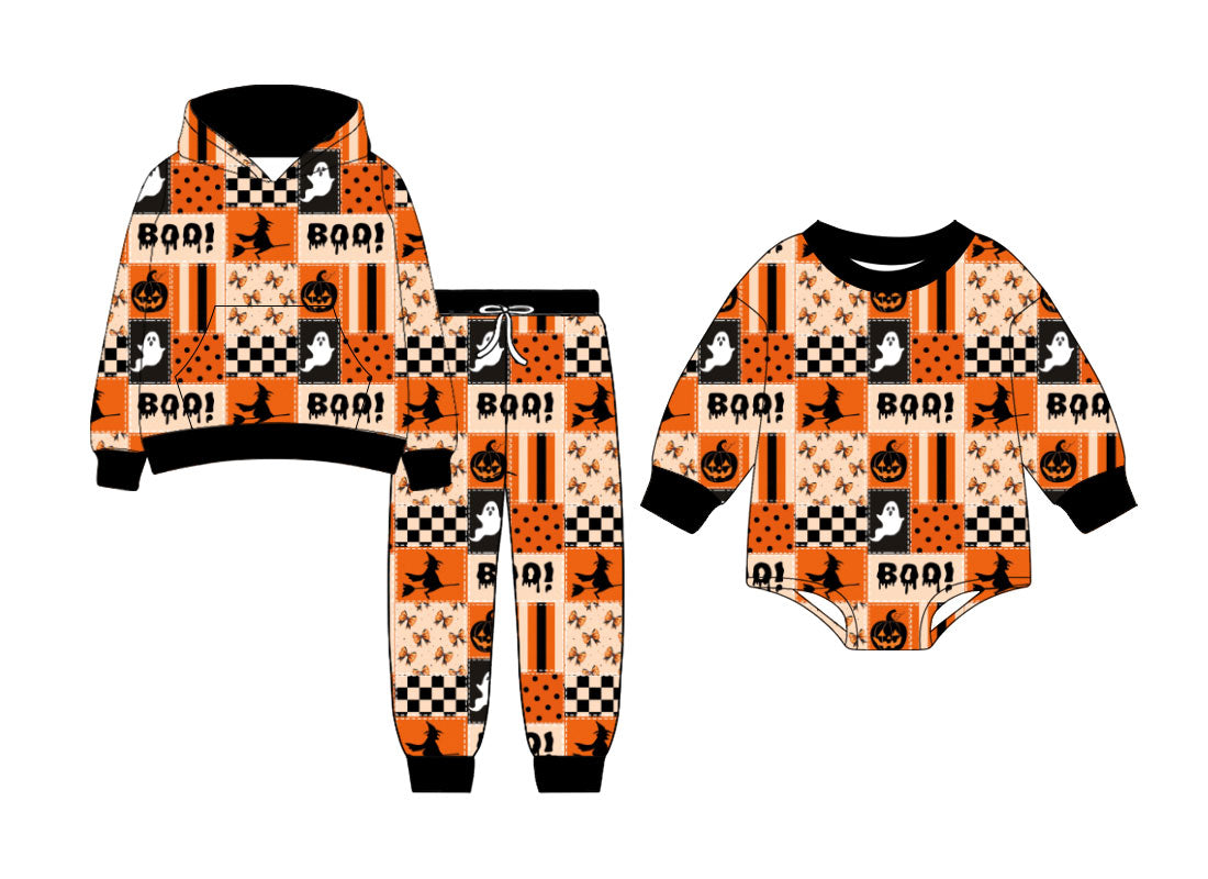 (Preorder new) No moq Baby Boys Halloween Ghost Pumpkin Print Long Sleeve Hoodie With Side Pocket Cuffed Jogger Pants Set Long Sleeve Romper