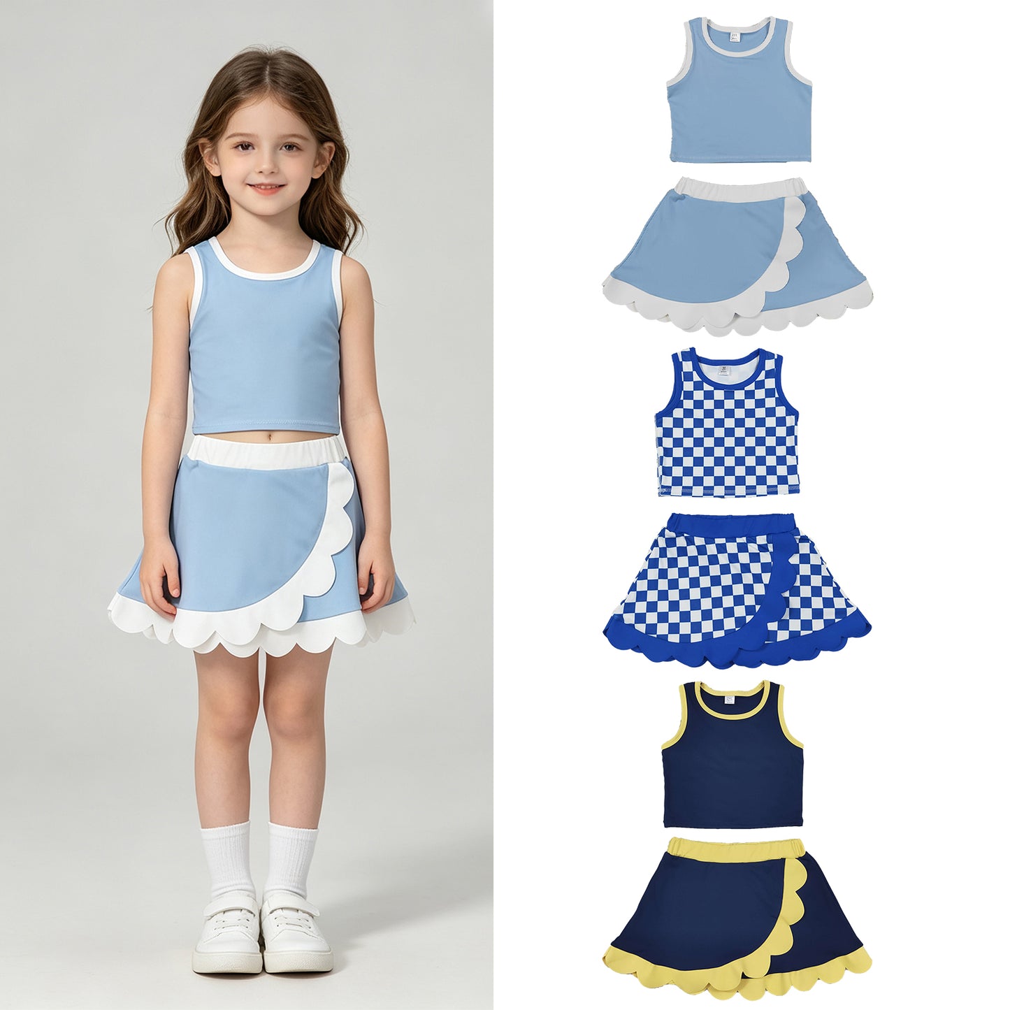 RTS NO MOQ Sibling yoga fabric Baby Girls Scallop Trim Crop Top Skort Two Piece Yoga Active Summer Outfit Set