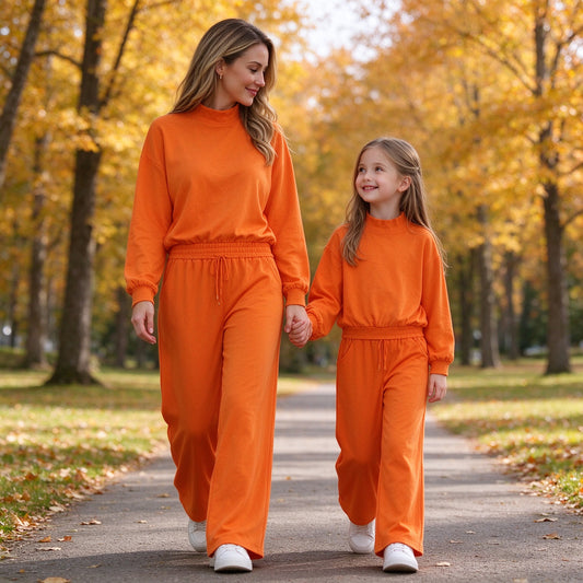 RTS NO MOQ Sibling cotton Adult To Match Kids High Neck Solid Orange Mock Neck Long Sleeve Top Wide Leg Pants Set