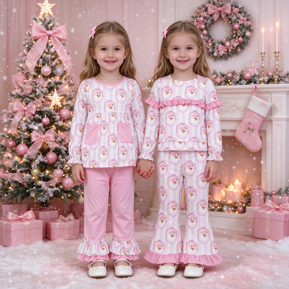 Baby Girls Pink Stripe Ruffle Lounge Set Collection - Princess Print Peplum Top & Flare Pants