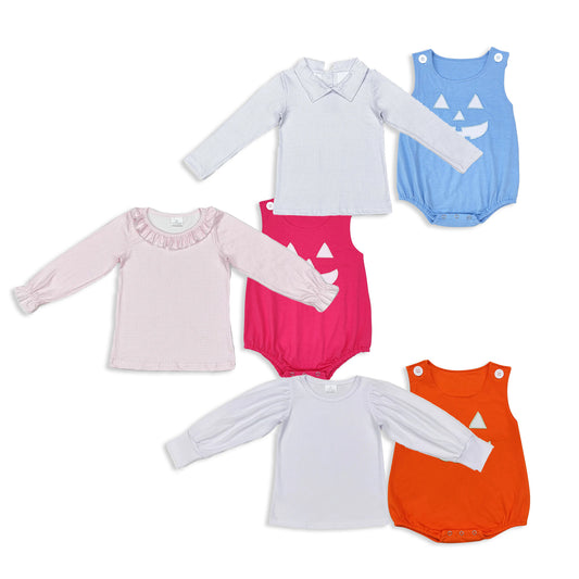 RTS NO MOQ Sibling baby girl boys clothes Embroidered Pumpkin Face Button Sleeveless romper and tops