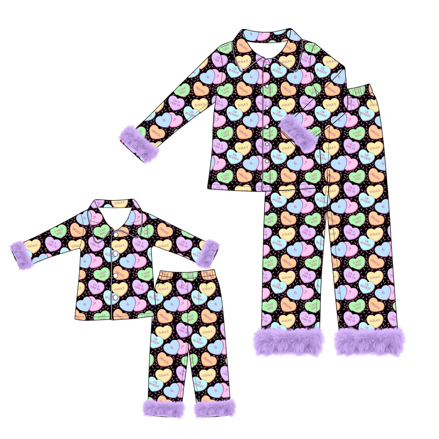 (Preorder new) No moq Adult And Kids Candy Heart Halloween‑Valentine Button‑Up Pajama Set