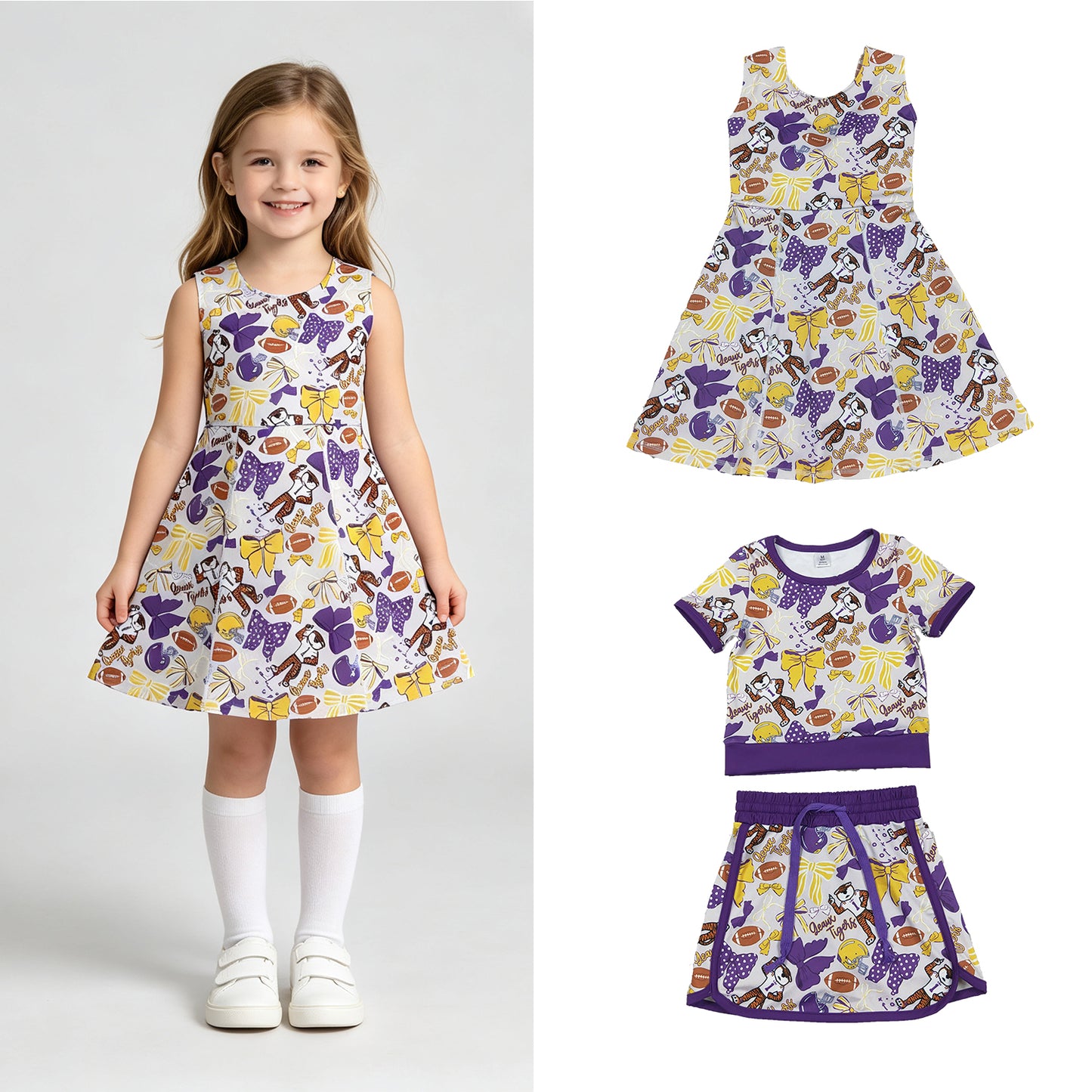 RTS NO MOQ Sibling yoga fabric Baby Girls Bow Football Print Short Sleeve Top Skort  Summer Team Yoga Active Outfit Set Shorts Knee Length Dresses