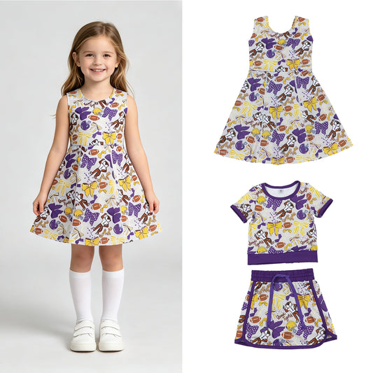 RTS NO MOQ Sibling yoga fabric Baby Girls Bow Football Print Short Sleeve Top Skort  Summer Team Yoga Active Outfit Set Shorts Knee Length Dresses