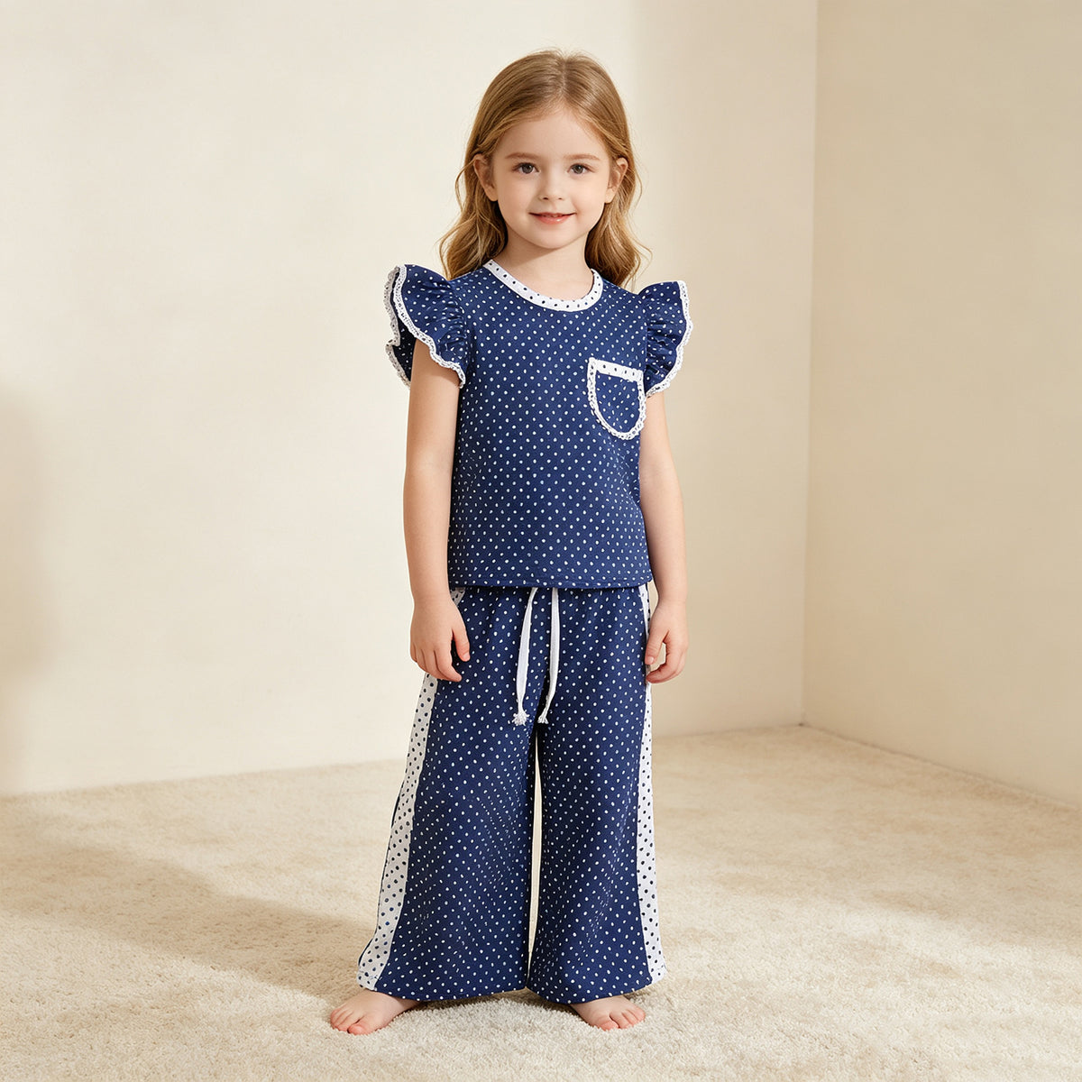 NEW RTS NO MOQ milk silk GSPO2372 Baby Girls Blue Polka Dots Pocket Top Flare Pant Clothes Set Fall Casual Outfit