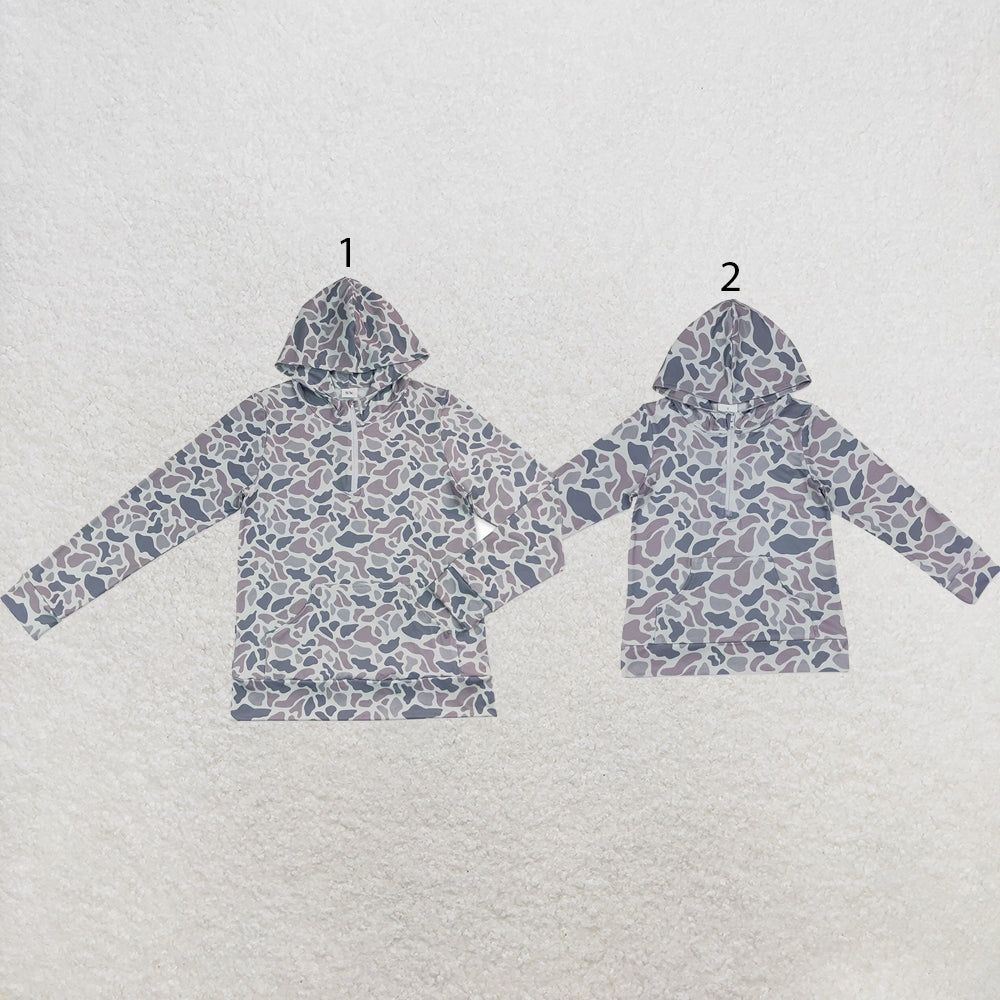 RTS NO MOQ milk silk Sibling Adult To Match Kids Long Sleeve Grey Camo Print Zip Pocket Hoodies Tops Casual Tops