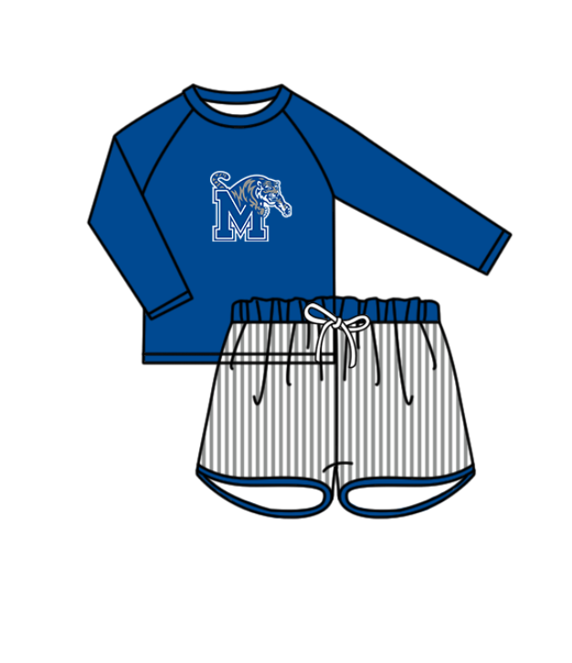 Custom moq 5 mix size milk silk summer teams baby girl boys clothes Blue Two-Piece Swimsuit Set One Piece Swimsuits boy swim trunks
