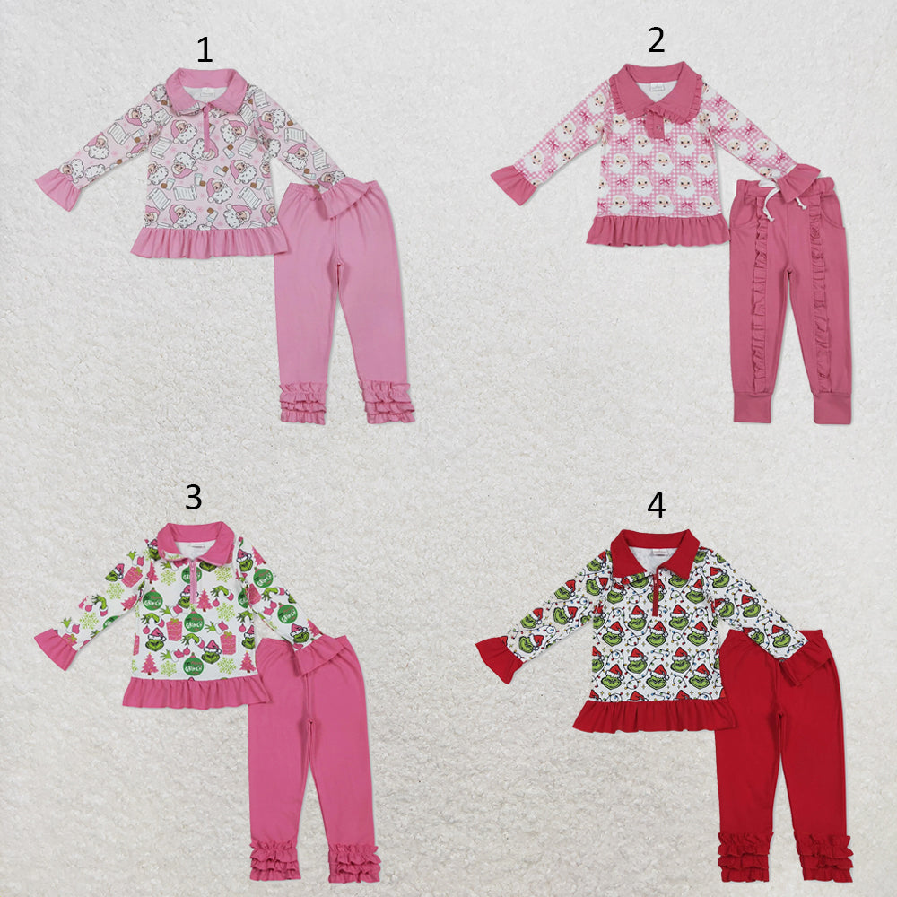 RTS NO MOQ Sibling milk silk Baby Girls Cute Pink Check Santa Button Front Top Pocket Pants Christmas Clothes Set