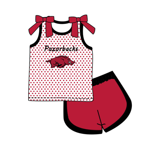 Custom moq 5 mix size milk silk summer teams Baby Girls Bow Sleeveless Red Polka Dot Top Shorts Casual Set
