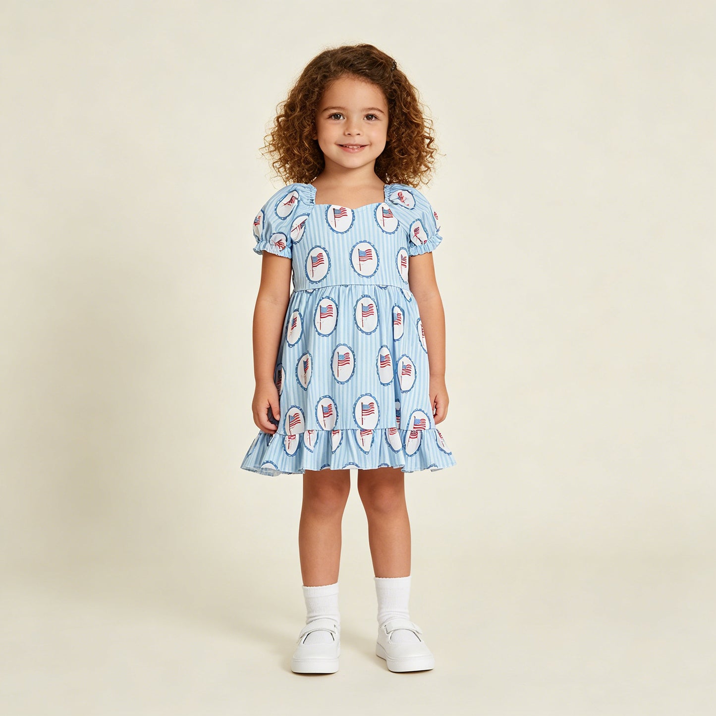 RTS NO MOQ milk silk GSD3792 Baby Girls Cute Blue Stripe Bow Flags 4th of July Knee Length Dresses